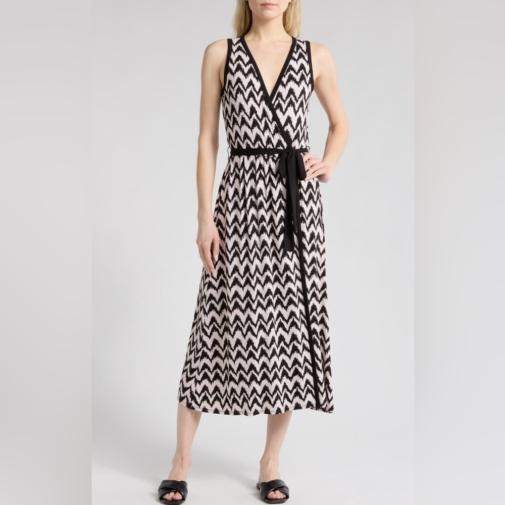 Loveapella Chevron Patterned Black and Taupe Faux Wrap Midi Dress